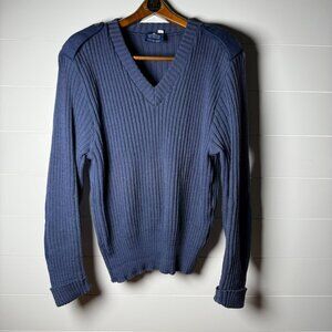 Citadel Vintage Ribbed 100% Virgin Wool V Neck Sweater with Patches, Size 46